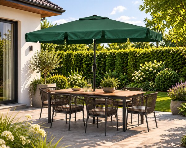 Obdĺžnikový veľký šikmý záhradný slnečník s kľukou zelený 200x130 cm MultiGarden