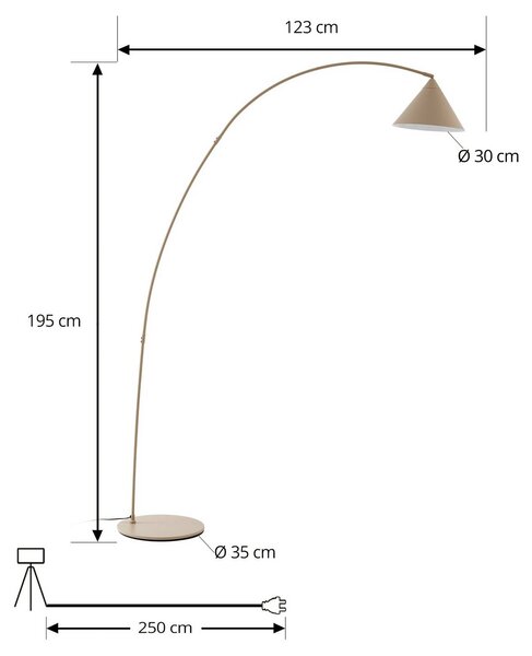 Lindby Oblúková lampa Triangolo, béžová, výška 195 cm, kov, E27, Krémová / jantárovo žltá, Obývacia izba / jedáleň, kov, Moderný, Oblúková stojaca lampa