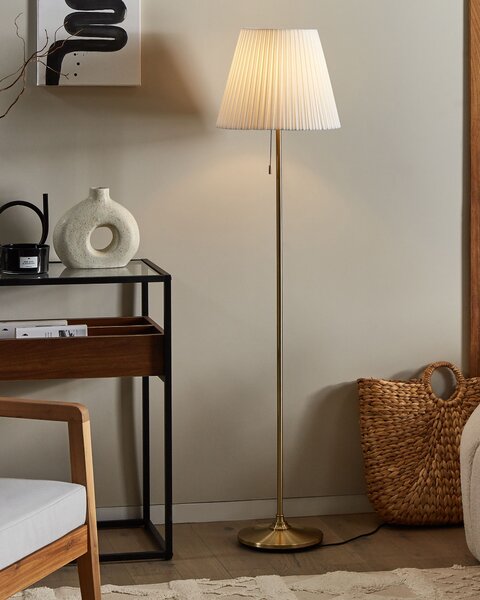 Stojaca lampa biela mosadzná kovová s polyesterovým tienidlom 148 cm retro dizajn obývacia izba spálňa
