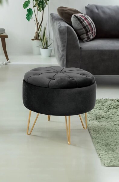 Elegantný taburet DRAVIEN s úložným priestorom - čierny / zlatý