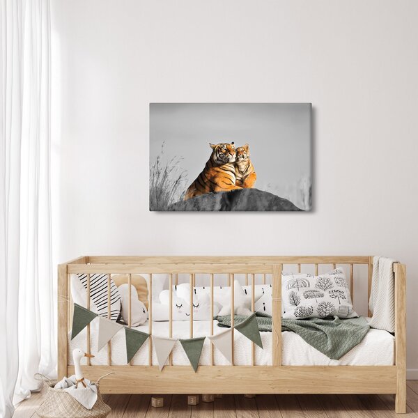 Obraz - Tigrice a jej mláďa, čiernobiely variant (90x60 cm)