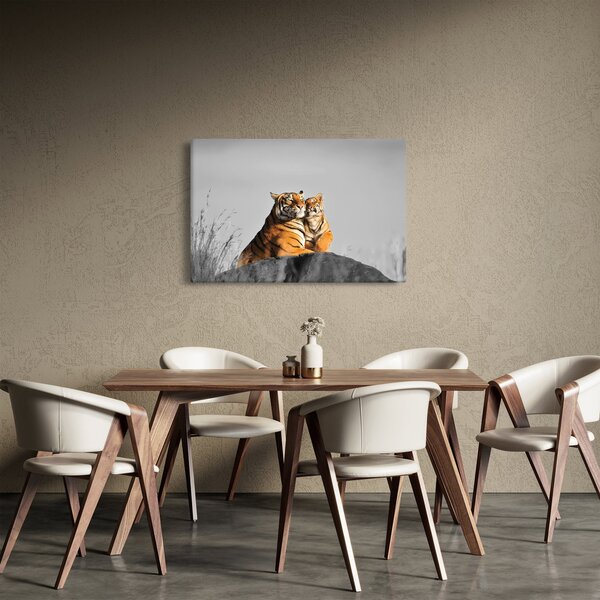 Obraz - Tigrice a jej mláďa, čiernobiely variant (90x60 cm)