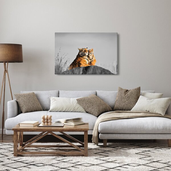Obraz - Tigrice a jej mláďa, čiernobiely variant (90x60 cm)
