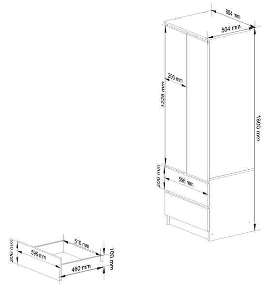 Šatníková skriňa so šuplíkmi 60 cm WREN - biela / biela lesklá