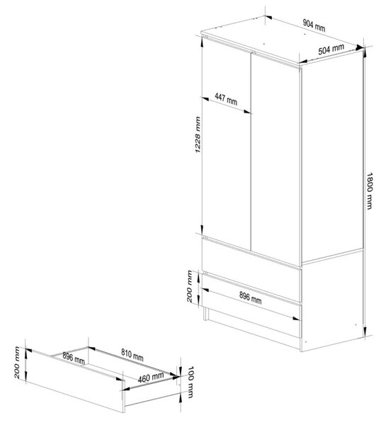 Šatníková skriňa so šuplíkmi 90 cm LOTA - biela / biela lesklá