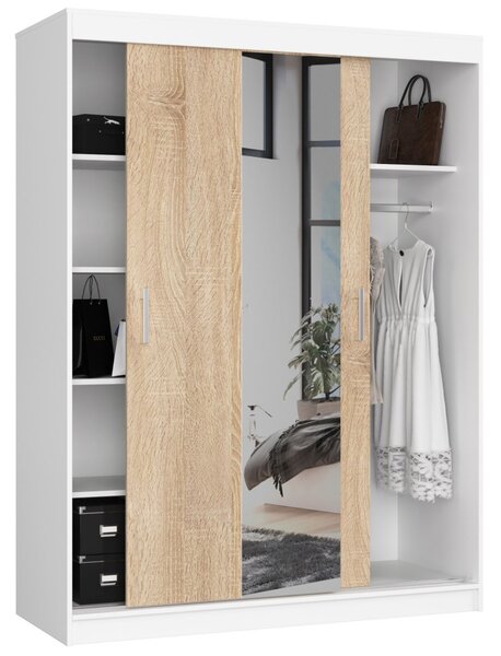 Priestranná šatníková skriňa 150 cm VALESTRA so zrkadlami - biela / dub sonoma