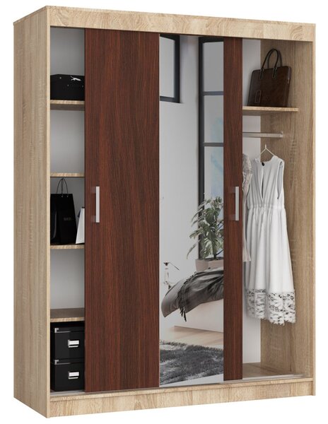 Priestranná šatníková skriňa 150 cm VALESTRA so zrkadlami - dub sonoma / wenge