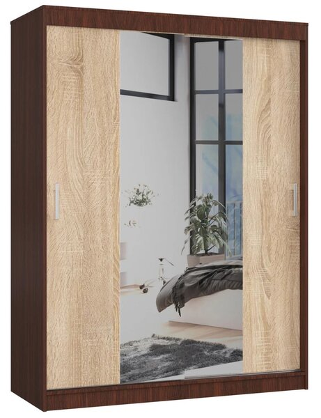 Priestranná šatníková skriňa 150 cm VALESTRA so zrkadlami - wenge / dub sonoma