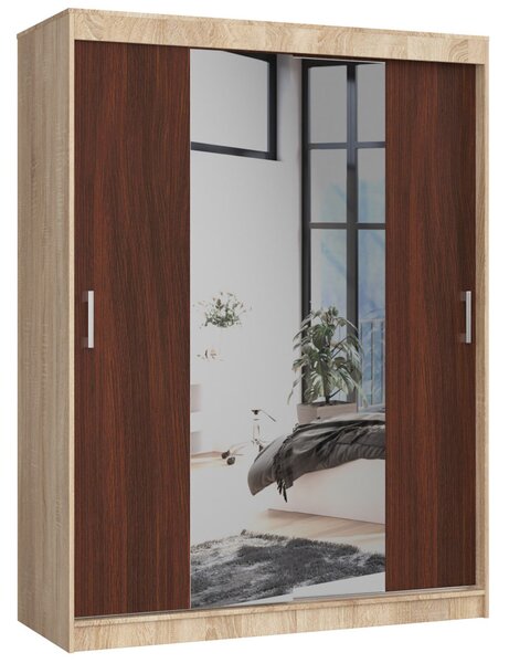 Priestranná šatníková skriňa 150 cm VALESTRA so zrkadlami - dub sonoma / wenge