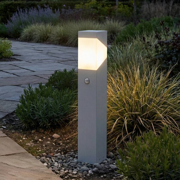 Lucande podlahová lampa Kiran, 60 cm, senzor, svetlosivá, IP44, Hliník / sivá / zinok, Hliník, Moderný, Vonkajčie stĺpové osvetlenie