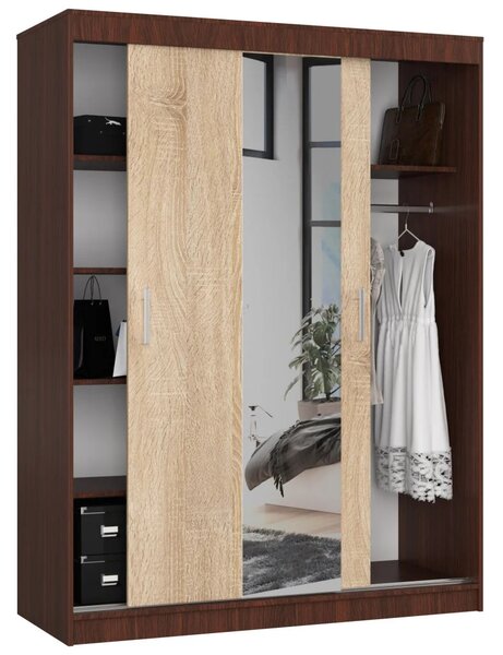 Priestranná šatníková skriňa 150 cm VALESTRA so zrkadlami - wenge / dub sonoma