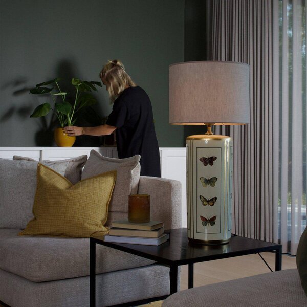 PR Home Stolová lampa Lucca, béžová, výška 67 cm, ľanové textílie, keramika, Krémová / jantárovo žltá, Obývacia izba / jedáleň, Textil / látka / hodváb, Vintage, Stojacie svietidlo