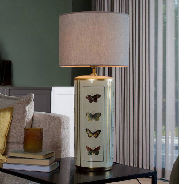PR Home Stolová lampa Lucca, béžová, výška 67 cm, ľanové textílie, keramika, Krémová / jantárovo žltá, Obývacia izba / jedáleň, Textil / látka / hodváb, Vintage, Stojacie svietidlo