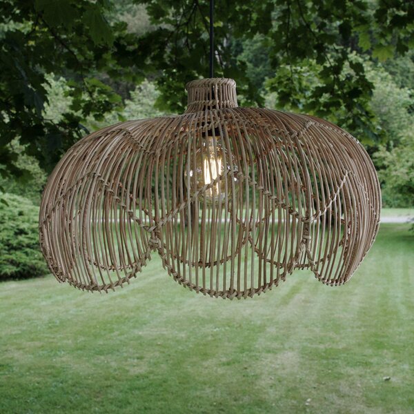 Vonkajšia závesná lampa Belle, prírodný ratan, Ø 53 cm, zástrčka IP44, Svetlé drevo, Drevo, Závesné svietidlo