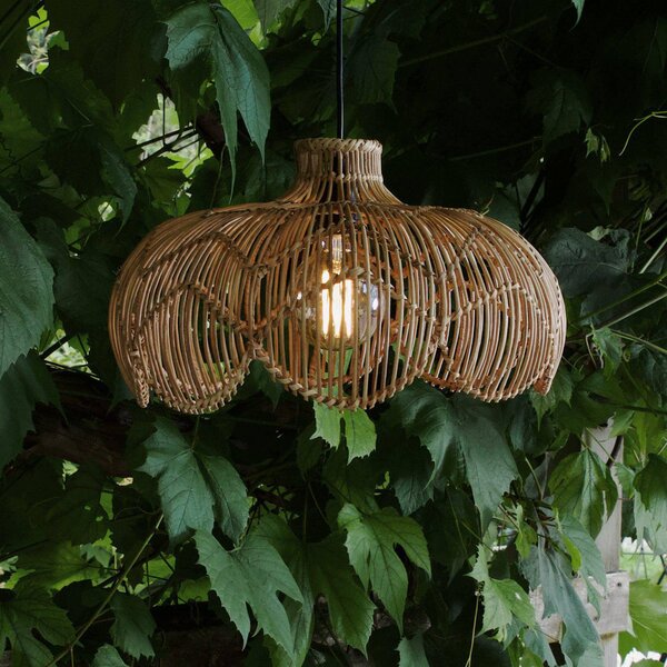 Vonkajšia závesná lampa Belle, prírodný ratan, Ø 43 cm, zástrčka IP44, Svetlé drevo, Drevo, Závesné svietidlo