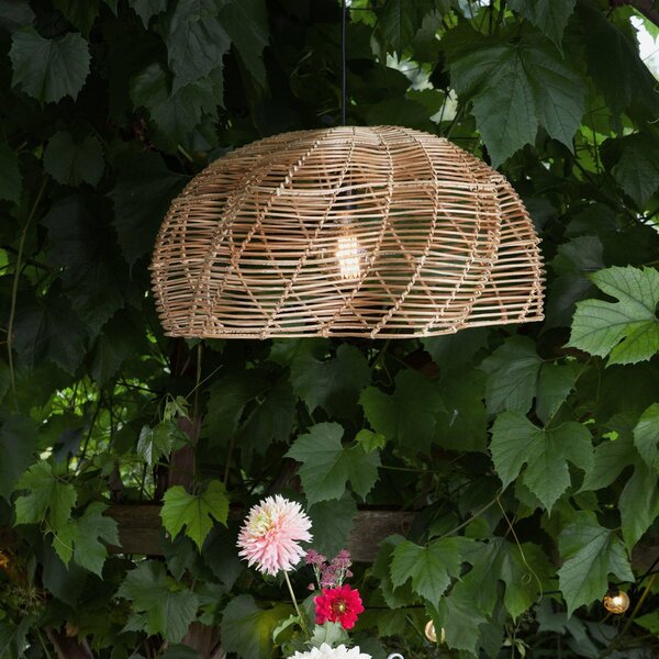 Vonkajšia závesná lampa Mayla, prírodný ratan, Ø 53 cm, zástrčka IP44, Svetlé drevo, Drevo, Závesné svietidlo