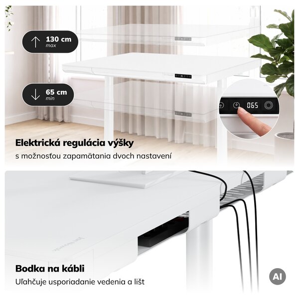 Elektrický písací stôl sit-stand so zásuvkou a bezdrôtovou nabíjačkou Qi biely, 1200 mm: ELLIS