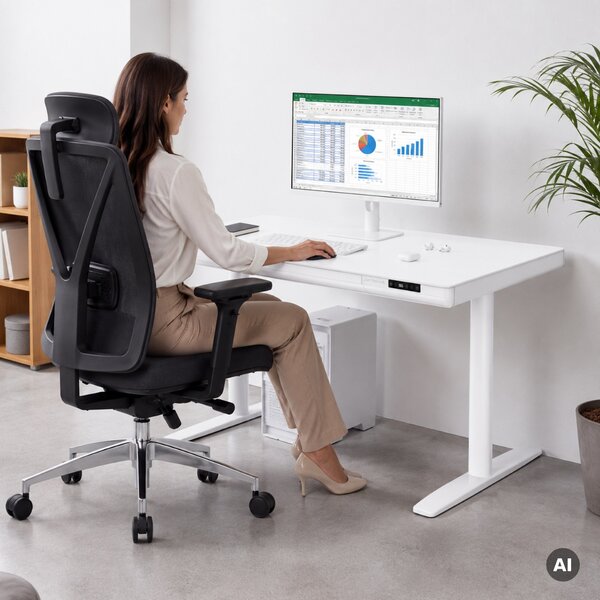 Elektrický písací stôl sit-stand so zásuvkou a bezdrôtovou nabíjačkou Qi biely, 1200 mm: ELLIS