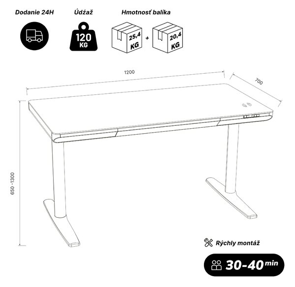 Elektrický písací stôl sit-stand so zásuvkou a bezdrôtovou nabíjačkou Qi čierny, 1200 mm: ELLIS