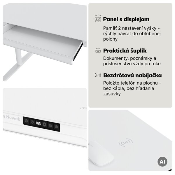Elektrický písací stôl sit-stand so zásuvkou a bezdrôtovou nabíjačkou Qi biely, 1200 mm: ELLIS