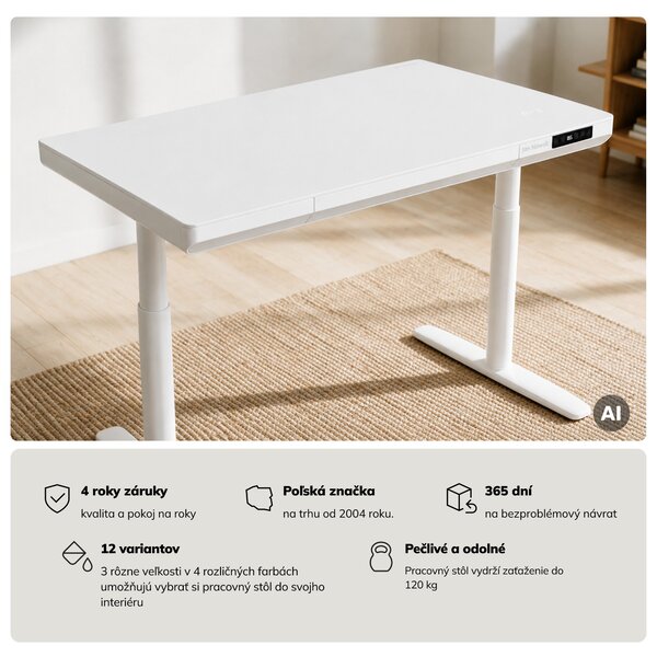 Elektrický písací stôl sit-stand so zásuvkou a bezdrôtovou nabíjačkou Qi biely, 1200 mm: ELLIS