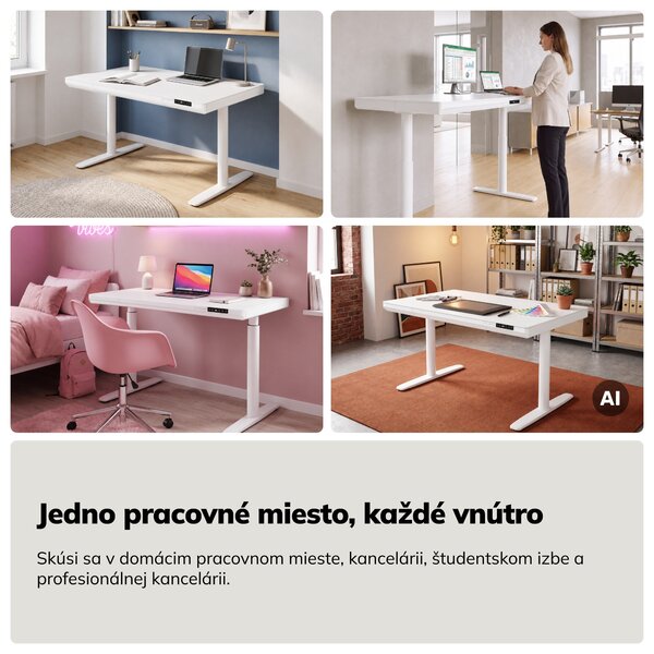 Elektrický písací stôl sit-stand so zásuvkou a bezdrôtovou nabíjačkou Qi biely, 1200 mm: ELLIS