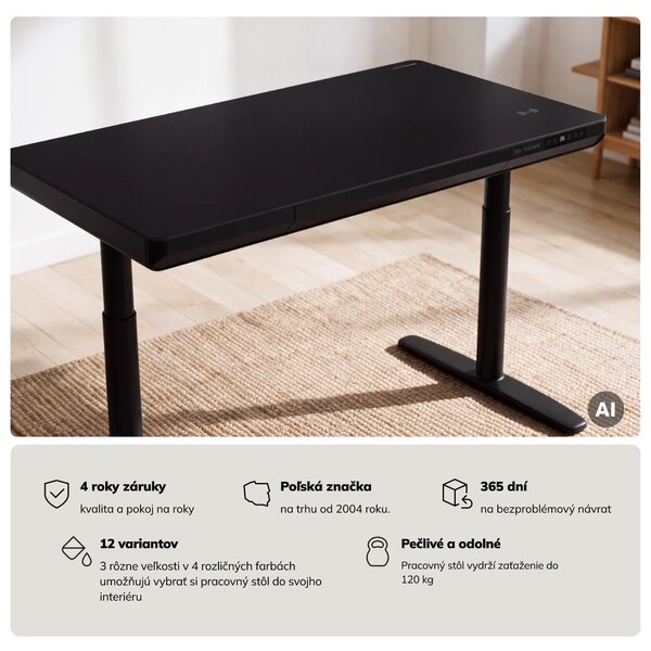Elektrický písací stôl sit-stand so zásuvkou a bezdrôtovou nabíjačkou Qi čierny, 1200 mm: ELLIS