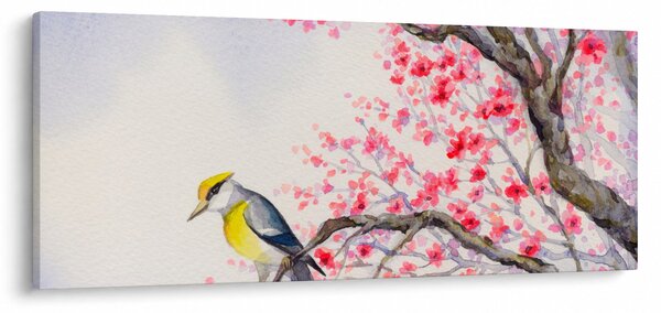 Obraz - Vtáčik na strome s červenými kvetmi (120x50 cm)