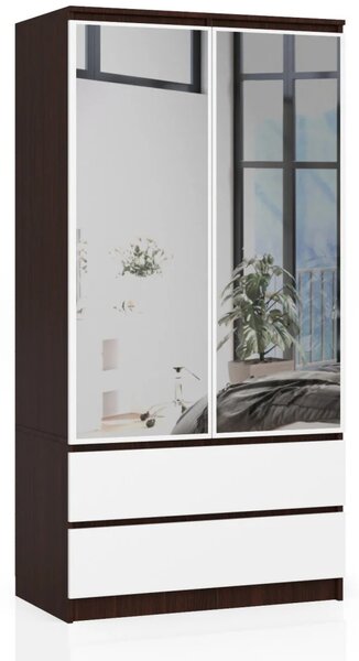 Šatníková skriňa so šuplíkmi a zrkadlami 90 cm LOTA - wenge / biela