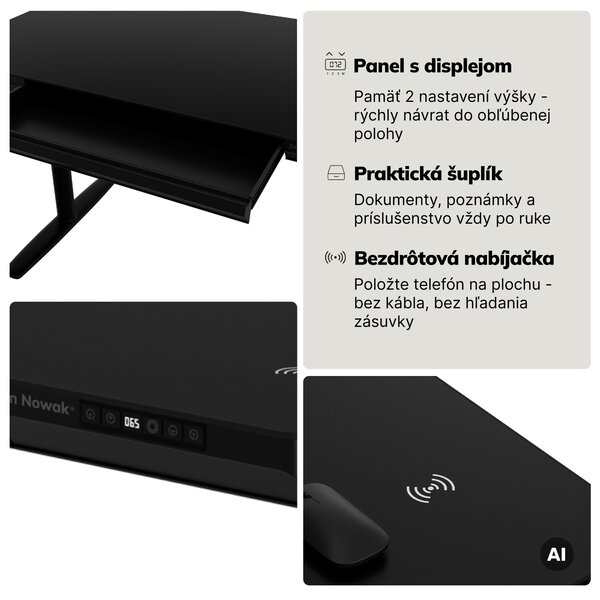 Elektrický písací stôl sit-stand so zásuvkou a bezdrôtovou nabíjačkou Qi čierny, 1600 mm: ELLIS
