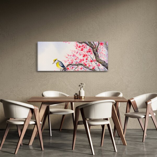 Obraz - Vtáčik na strome s červenými kvetmi (120x50 cm)