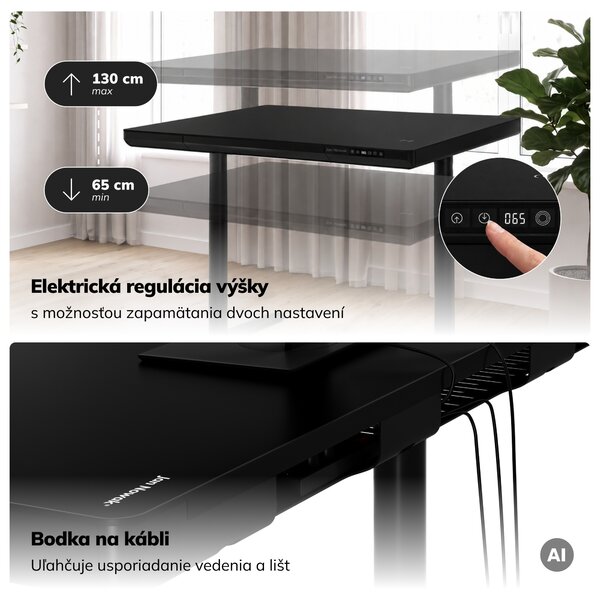 Elektrický písací stôl sit-stand so zásuvkou a bezdrôtovou nabíjačkou Qi čierny, 1200 mm: ELLIS