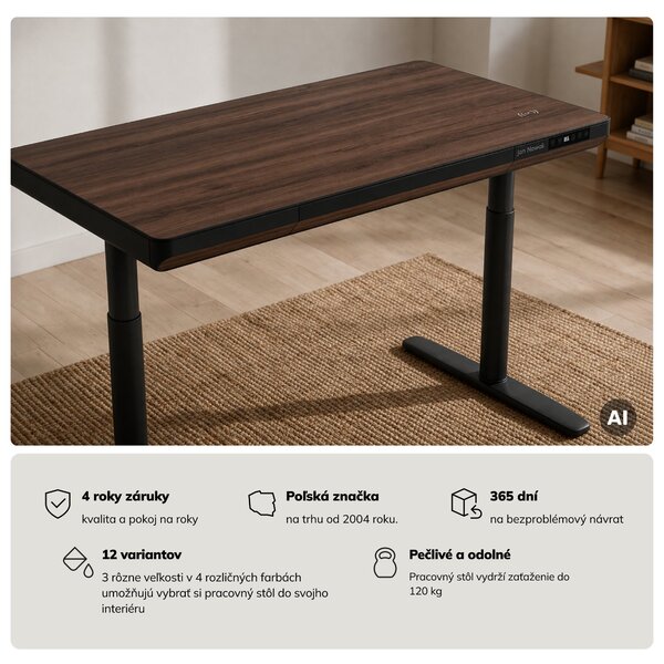 Elektrický písací stôl sit-stand so zásuvkou a bezdrôtovou nabíjačkou Qi čierny/orech, 1200 mm: ELLIS