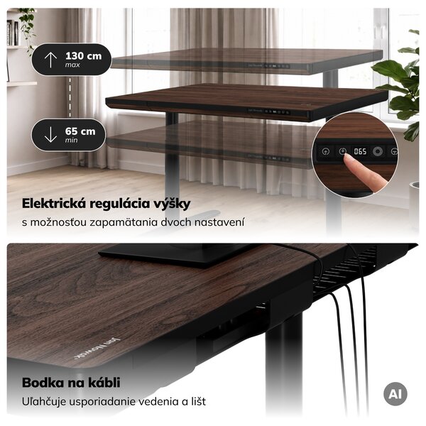 Elektrický písací stôl sit-stand so zásuvkou a bezdrôtovou nabíjačkou Qi čierny/orech, 1200 mm: ELLIS
