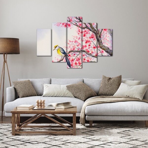 Obraz - Vtáčik na strome s červenými kvetmi (150x105 cm)