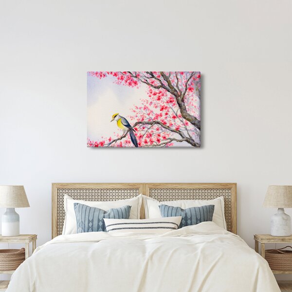 Obraz - Vtáčik na strome s červenými kvetmi (90x60 cm)