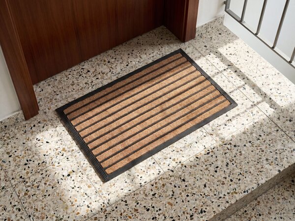 Rohožka prírodná a čierna polyester guma 45 x 75 cm PVC povlak pruhovaná protišmyková rohož do interiéru moderná
