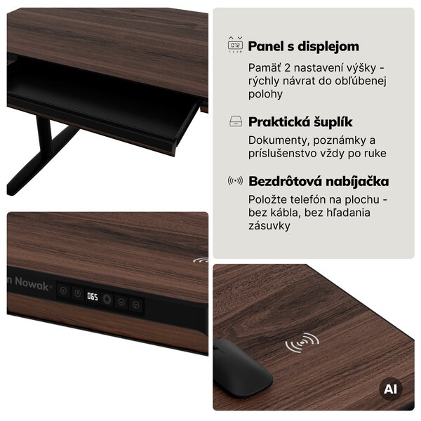 Elektrický písací stôl sit-stand so zásuvkou a bezdrôtovou nabíjačkou Qi čierny/orech, 1400 mm: ELLIS