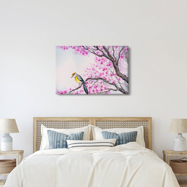 Obraz - Vtáčik na strome s ružovými kvetmi (90x60 cm)