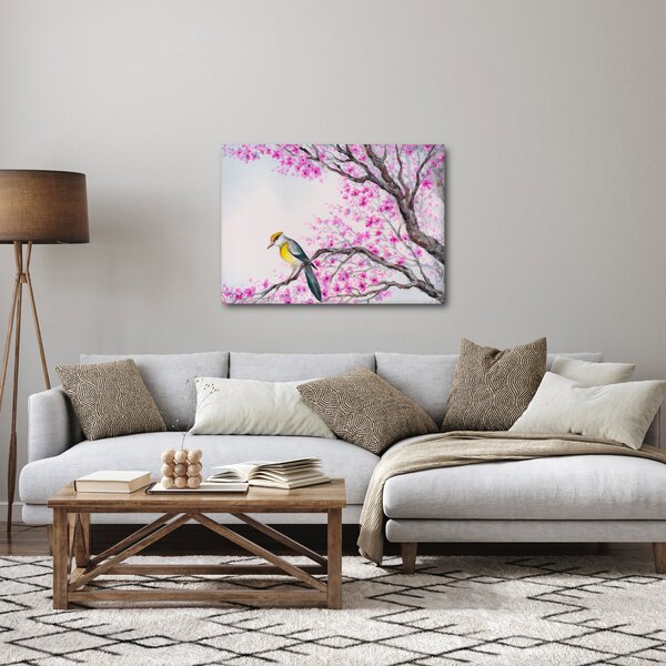 Obraz - Vtáčik na strome s ružovými kvetmi (70x50 cm)