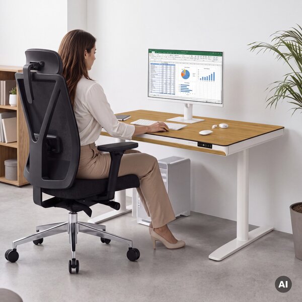 Elektrický písací stôl sit-stand so zásuvkou a bezdrôtovou nabíjačkou Qi biely/zlatý dub, 1200 mm: ELLIS