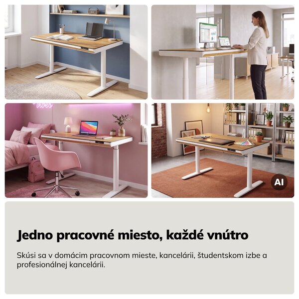 Elektrický písací stôl sit-stand so zásuvkou a bezdrôtovou nabíjačkou Qi biely/zlatý dub, 1200 mm: ELLIS