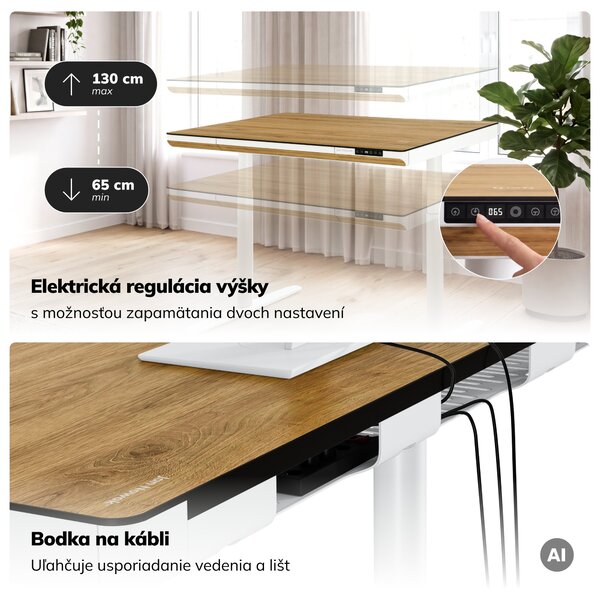 Elektrický písací stôl sit-stand so zásuvkou a bezdrôtovou nabíjačkou Qi biely/zlatý dub, 1200 mm: ELLIS