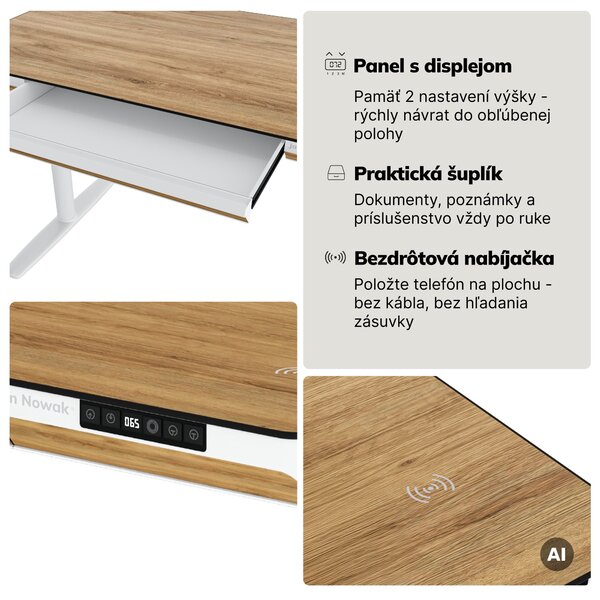 Elektrický písací stôl sit-stand so zásuvkou a bezdrôtovou nabíjačkou Qi biely/zlatý dub, 1600 mm: ELLIS
