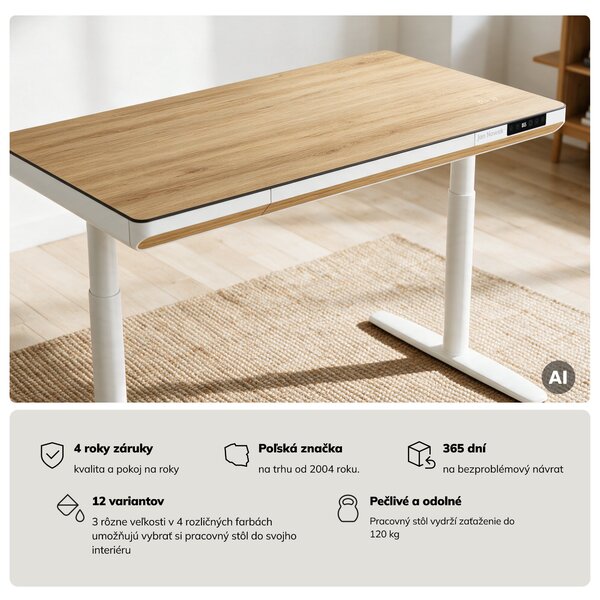 Elektrický písací stôl sit-stand so zásuvkou a bezdrôtovou nabíjačkou Qi biely/zlatý dub, 1200 mm: ELLIS