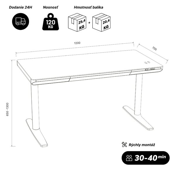 Elektrický písací stôl sit-stand so zásuvkou a bezdrôtovou nabíjačkou Qi biely/zlatý dub, 1200 mm: ELLIS