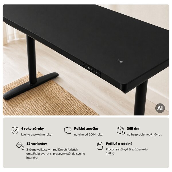Elektrický písací stôl sit-stand so zásuvkou a bezdrôtovou nabíjačkou Qi čierny, 1400 mm: ELLIS