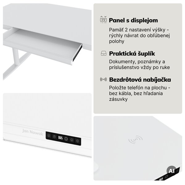 Elektrický písací stôl sit-stand so zásuvkou a bezdrôtovou nabíjačkou Qi biely, 1400 mm: ELLIS