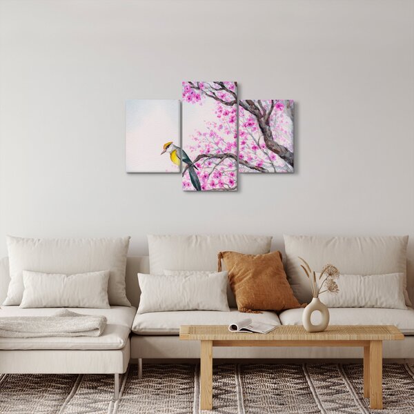 Obraz - Vtáčik na strome s ružovými kvetmi (90x60 cm)