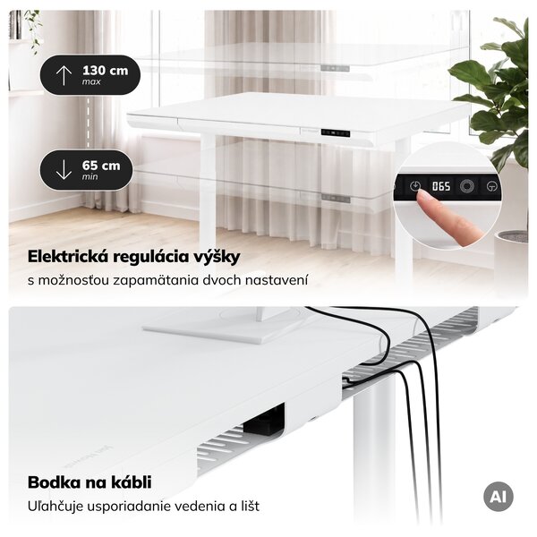 Elektrický písací stôl sit-stand so zásuvkou a bezdrôtovou nabíjačkou Qi biely, 1400 mm: ELLIS